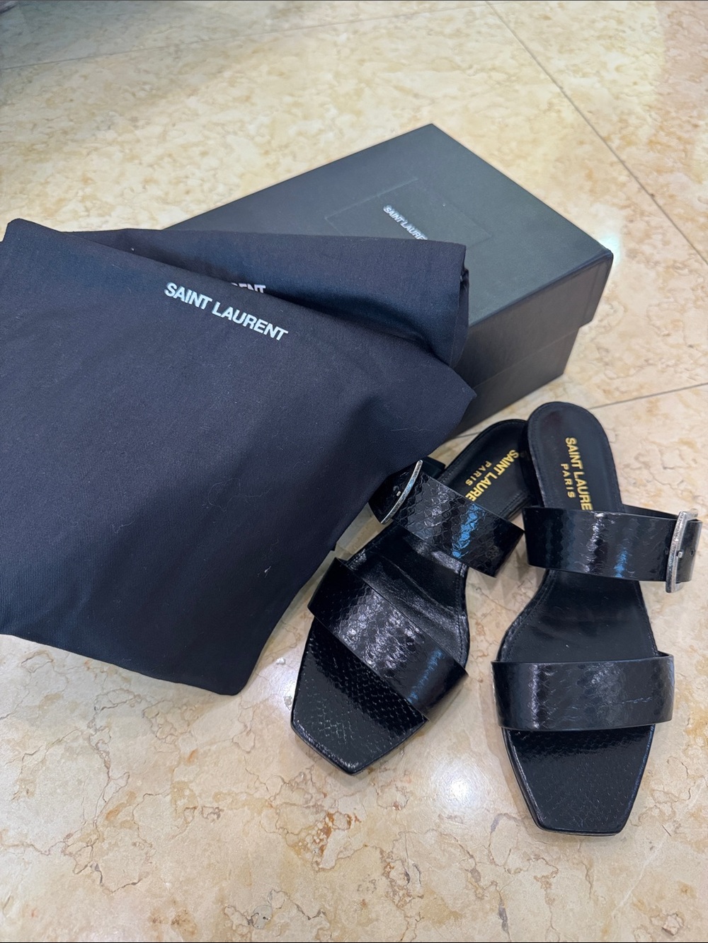 Saint Laurent Black Patent Croc-Embossed Slide Sandals